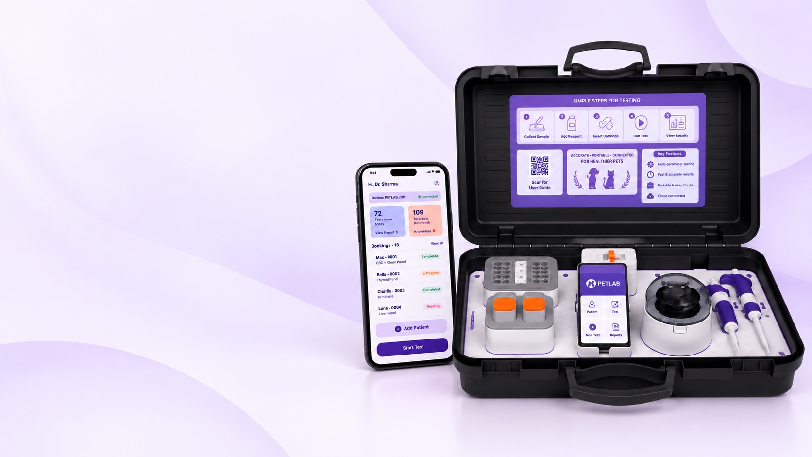 The PETLAB case open, its lid showing the five test steps and its tray holding the analyser, Mobimix, smartphone, Mobifuge and pipettes, beside a phone running the PETLAB app.