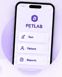 The PETLAB Connect app home screen with test, patient and reports.