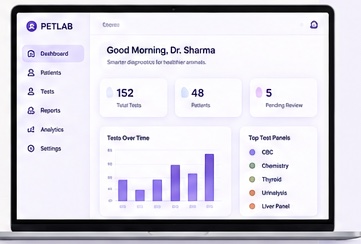 The PETLAB dashboard on a laptop with tests over time and top test panels.