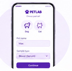 The PETLAB app asking for the pet type, name and sample type.