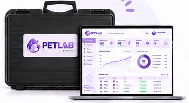 The PETLAB case beside a laptop running the PETLAB dashboard.