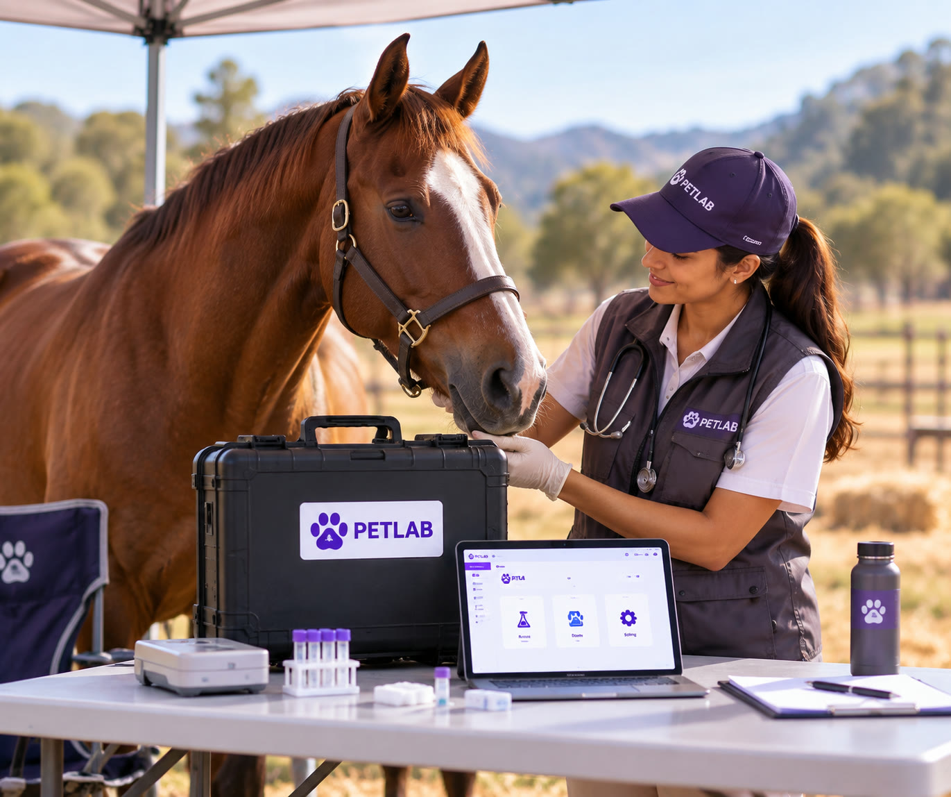 A PETLAB field vet checking a horse at an outdoor camp, the PETLAB case, sample tubes and laptop on a folding table.