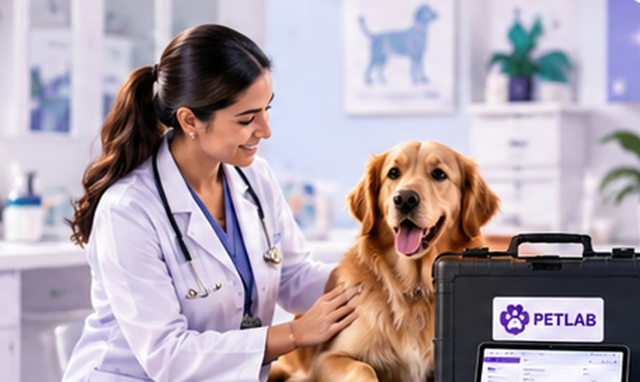 A veterinarian with a golden retriever on a clinic table, the PETLAB case and a tablet report beside them.