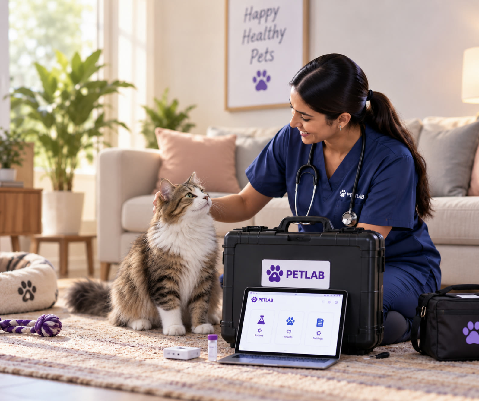 A veterinary nurse kneeling on a living-room rug with a long-haired cat, the PETLAB case and laptop beside them.
