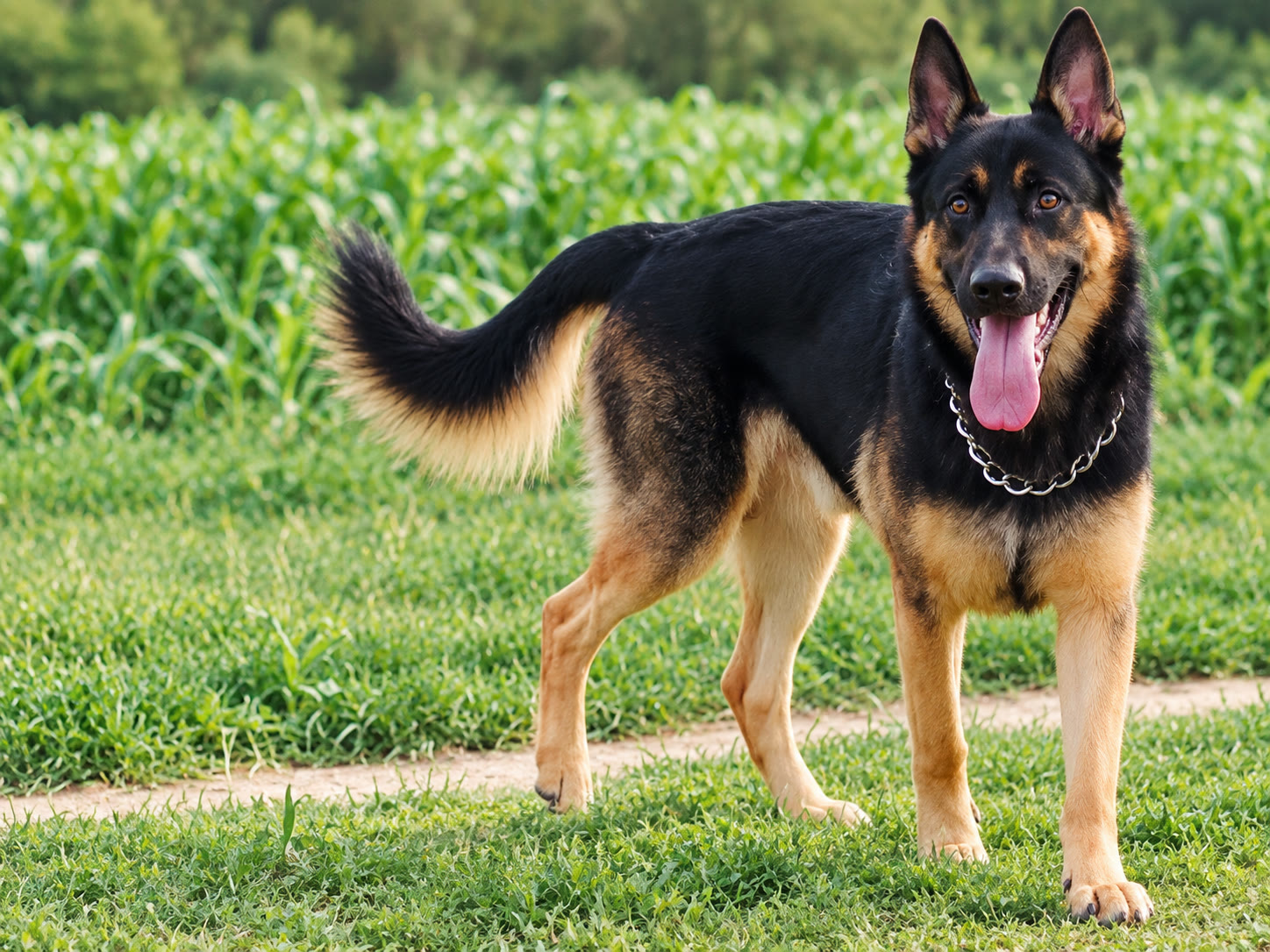A German Shepherd standing on a grass path beside a green field, tongue out.